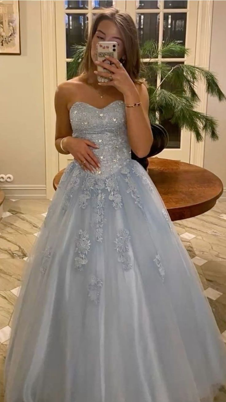 Fairy Blue Strapless Tulle Appliques Beaded A Line Long Prom Dress Birthday Party Dress SP2111