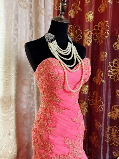 Pretty Pink Strapless Tulle Appliques Beaded Mermaid Long Party Dress Formal Wedding Guest Dress SP1954