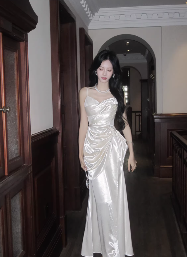 Charming White Spaghetti Straps White Satin Pleated Mermaid Long Party Dress Prom Gown SP1990