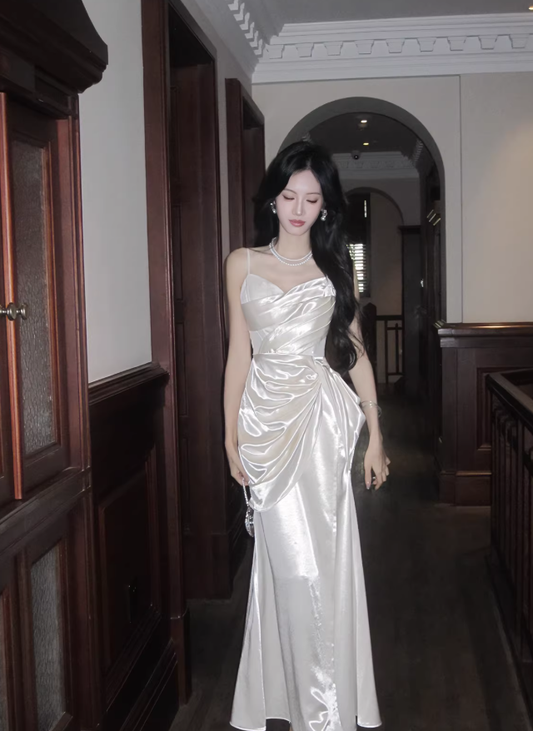 Charming White Spaghetti Straps White Satin Pleated Mermaid Long Party Dress Prom Gown SP1990