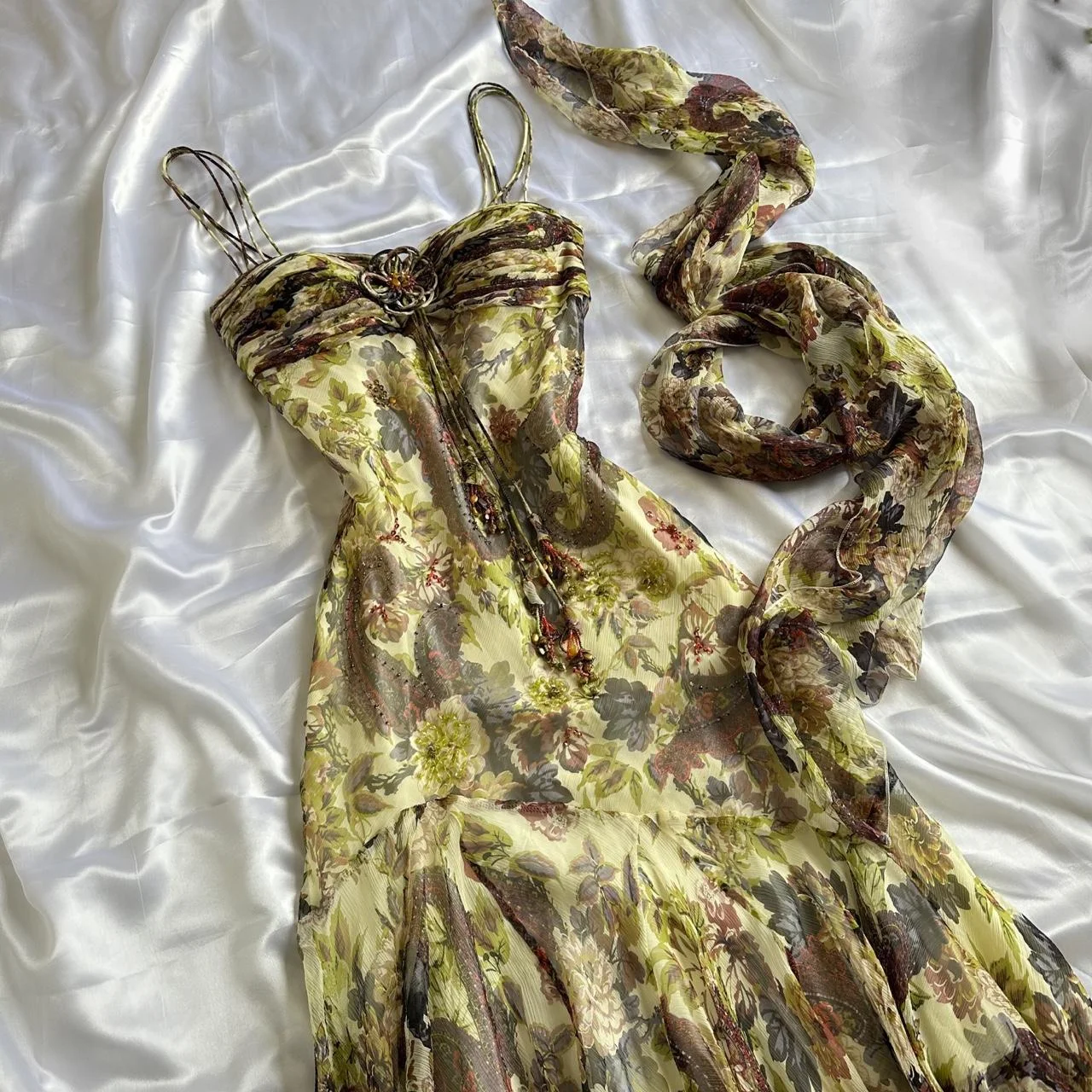 Vintage Green Chiffon Print Floral Beaded Mermaid Prom Dress Spaghetti Straps Birthday Party Dress Y9732