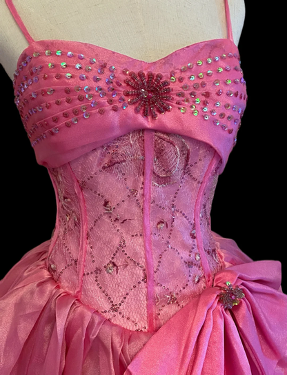 Elegant Spaghetti Straps Pink Tulle Beaded Long Party Dress Evening Dress With Bow SP4093