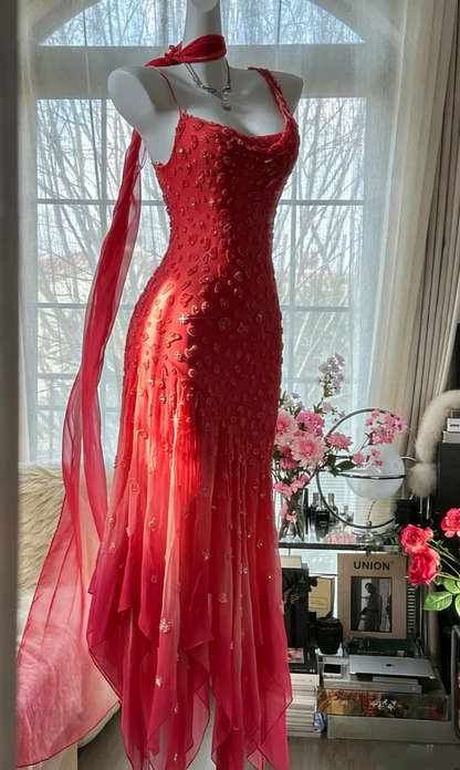 Vintage Pink Chiffon Beaded Mermaid Evening Dress Prom Dress Y8788