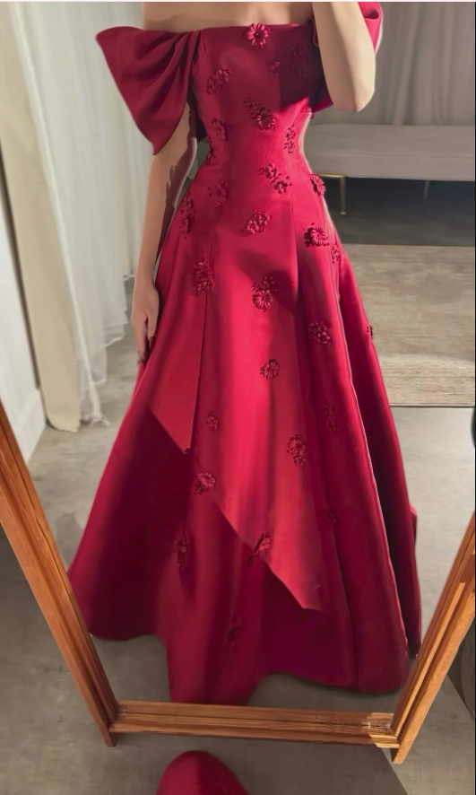 Elegant Burgundy 3D Flowers Off Shoulder Evening Dress A Line Prom Dress Y7637