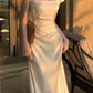 Elegant Square Neck Long Party Dress Beige Satin Mermiad Prom Evening Dress Y7576