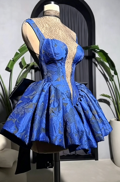 Vintage Blue Lace Satin Print Floral A Line Short 6th Grade Homecoming Dress,Mini Prom Dress SP3267