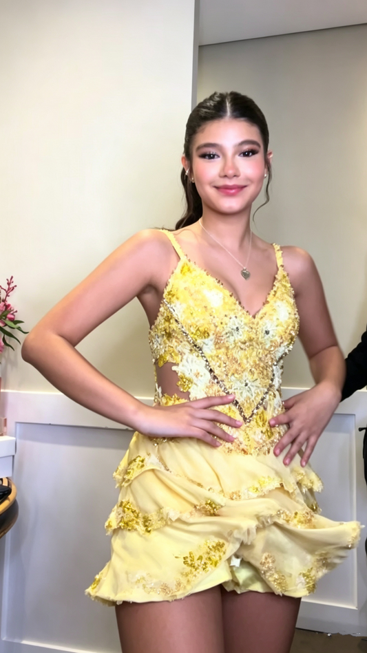 Gorgeous Spaghetti Straps Yellow Chiffon Sequin Beaded A Line Short Homecoming Dress,Formal 17th Birthday Outfits SP3003