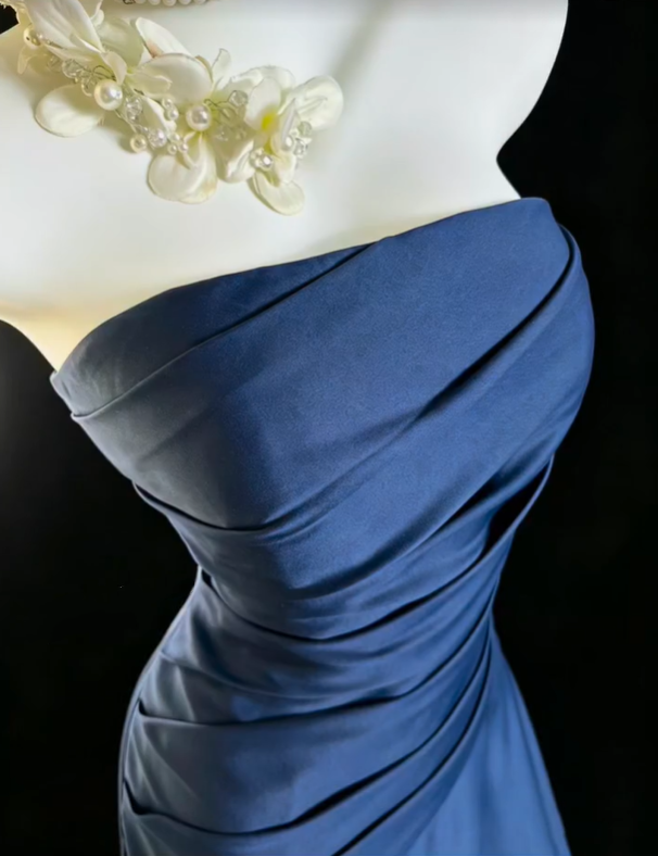 Fashion Strapless Satin Pleated Long Party Dress,Navy Blue A Line Long Prom Gown SP2762