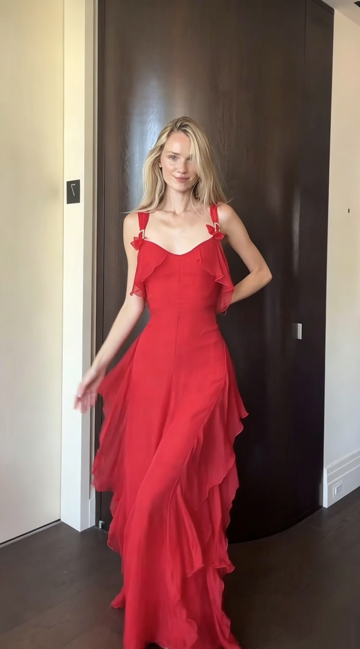 Classy Spaghetti Straps Chiffon Ruffles Long Wedding Guest Dress Red Long Birthday Party Dress SP3896