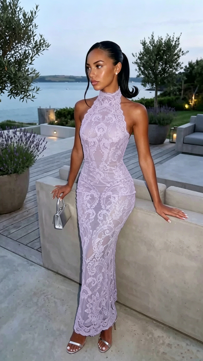 Elegant Halter Light Blue Lace Mermaid Prom Dress Long Party Gown SP2549