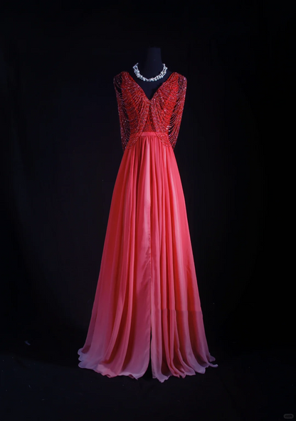 Luxurious Sleeveless Red V Neck Chiffon Beaded Tassel Long Party Dress 20th Birthday Outfits SP2156