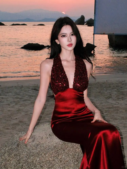 Sexy Halter Sequin Satin Mermaid Long Evening Dress Red Backless Birthday Prom Gowns SP2288