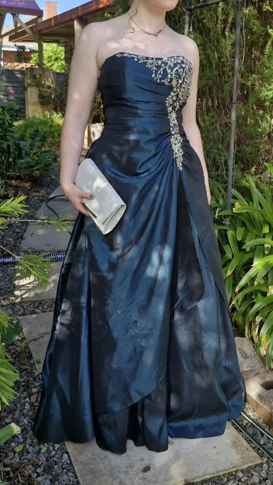 Pretty Strapless Ball Gown Navy Blue Satin Beaded Long Evening Dress Birthday Dress SP2116