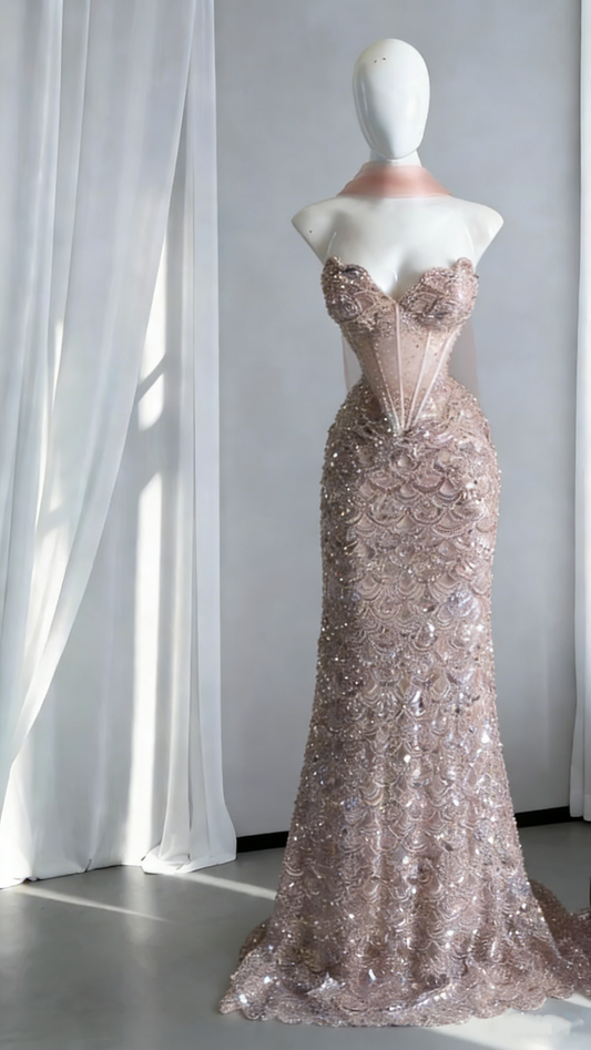Luxurious Pink Strapless Sequin Beaded Mermaid Long Evening Dress Party Gown With Ribbon SP1708