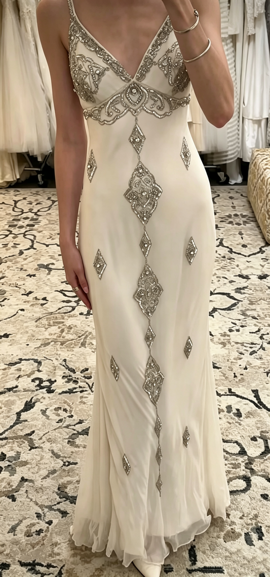 Elegant Ivory Spaghetti Straps Chiffon Beaded Mermaid Long Party Dress Birthday Prom Dress SP3906