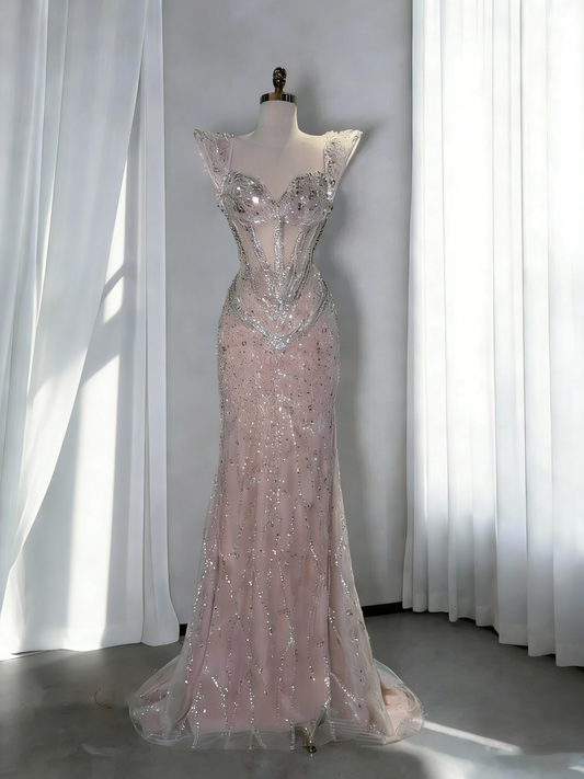 Elegant Pink Tulle Sequin Mermaid Birthday Prom Dresses  Long Evening Dress SP1709