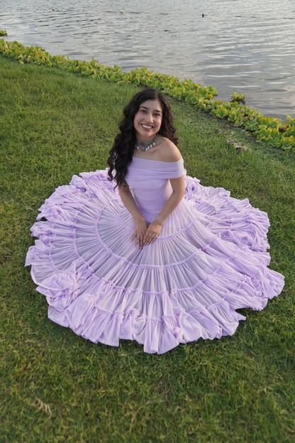 Classy Off the Shoulder Chiffon Tiered Prom Gown Lavender Long Evening Dresses SP2103