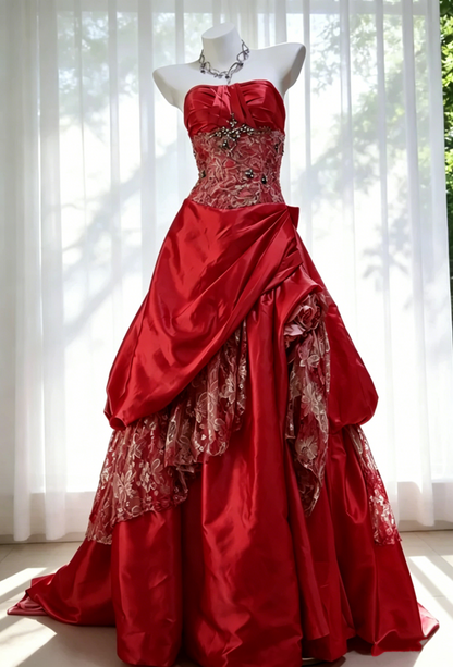 Stunning Pink Strapless Satin Lace Beaded Long Birthday Party Dress Prom Dresses SP1524
