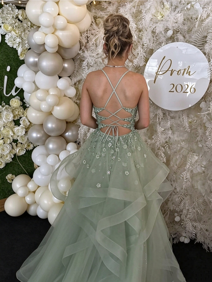 Charming Spaghetti Straps Tulle Sequin Appliques Long Party Dress,Sage Green Long Birthday Prom Dresses SP4020