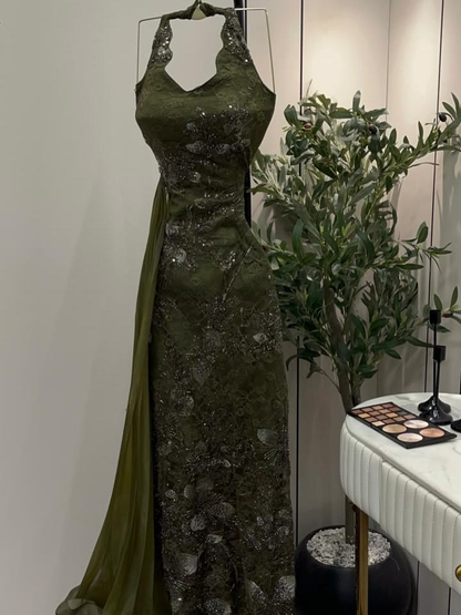 Vintage Olive Green Lace Sequin Beaded Sheath Long Party Dress Halter Birthday Prom Gowns SP2275