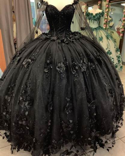 Black Ball Gown Quinceanera Dresses with Flowers,Sweet 16 Dresses Y5753