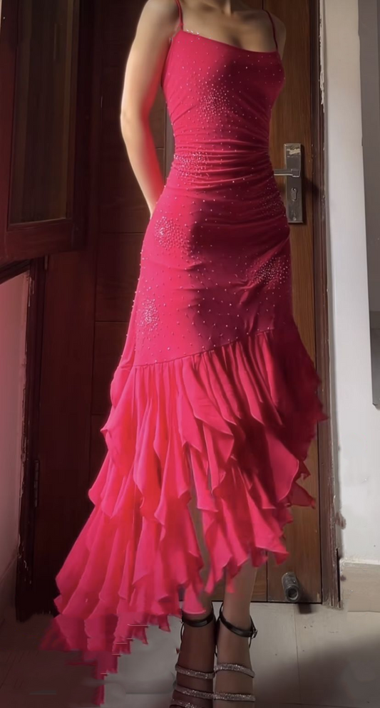 Glamorous Spaghetti Straps Chiffon Beaded Ruffles Mermaid Evening Dress Long 17th Birthday Dress SP2265