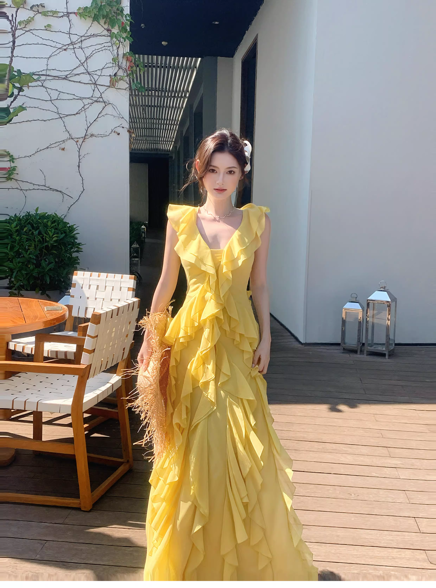 Classy Yellow Chiffon Layered Ruffles Mermaid Evening Dress Long Birthday Dress SP1648