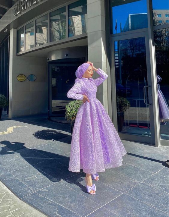 Modest Purple A-line Prom Dress,Muslim Dress Y7005