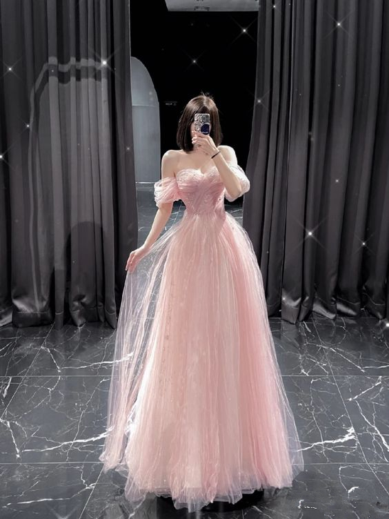 Off The Shoulder Pink Tulle Prom Dress,Pink Fairy Dress Y5974