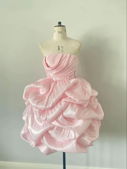 Elegant Pink Strapless Satin Pleated Homecoming Dress Short Party Dress Y8833