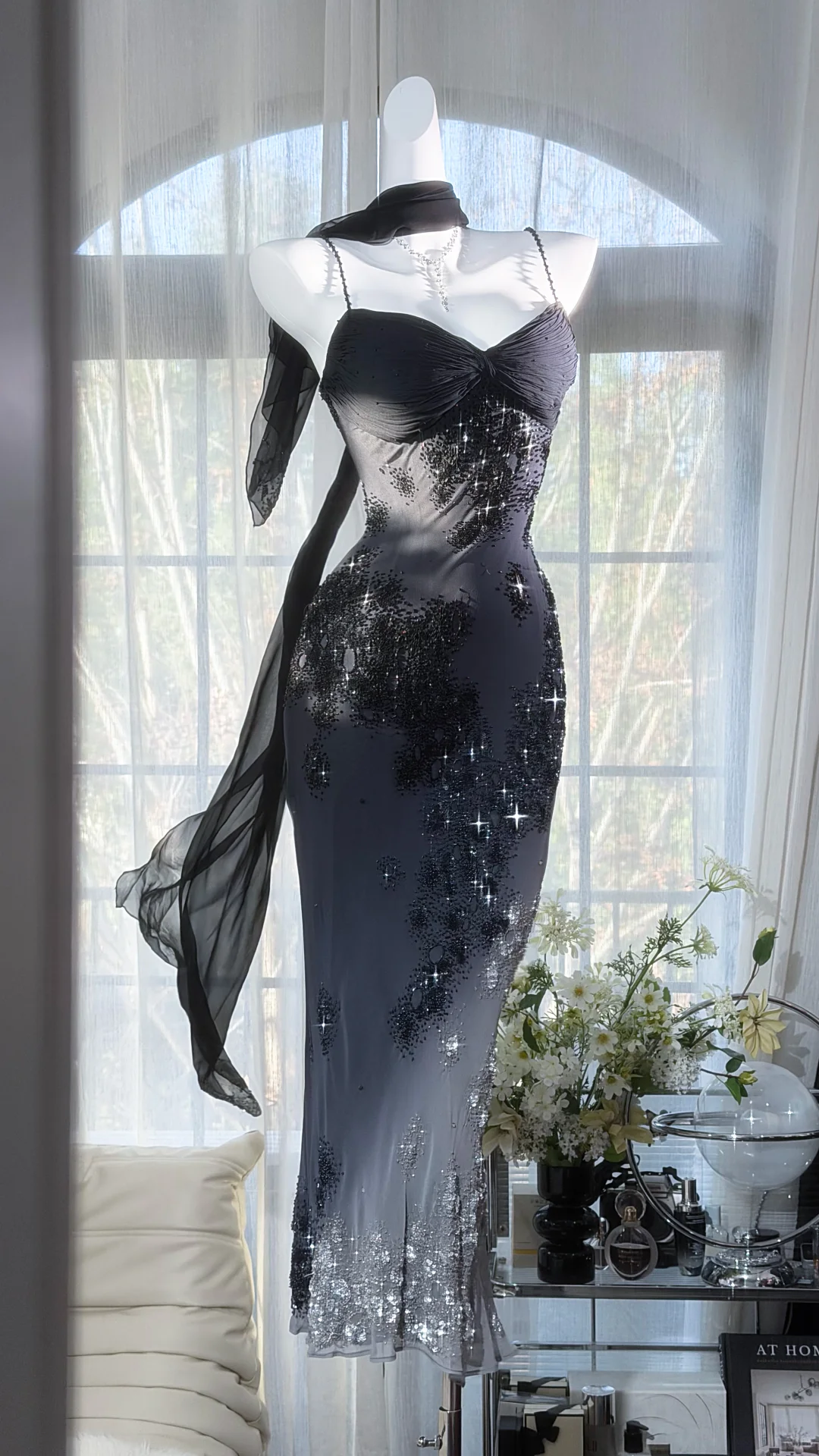 Vintage Spaghetti Straps Black Chiffon Beaded Mermaid Long Evening Dress Birthday Dress With Ribbon SP2190