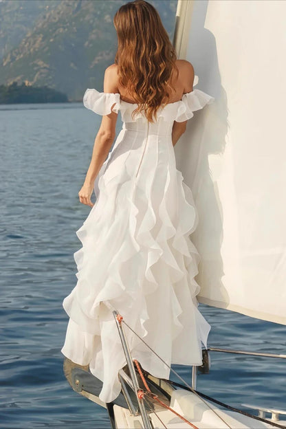 Classy White Off The Shoulder Chiffon Ruffles Long Prom Dress Party Dress SP2673