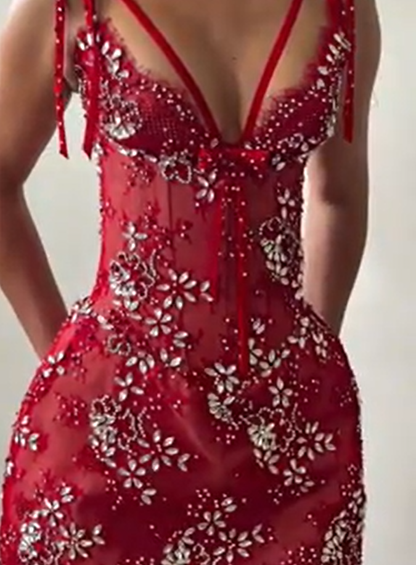 Chic Red Spaghetti Straps Rhinestone Beaded Sleeveless Bow Mini Homecoming Dress Cocktail Dress SP3816