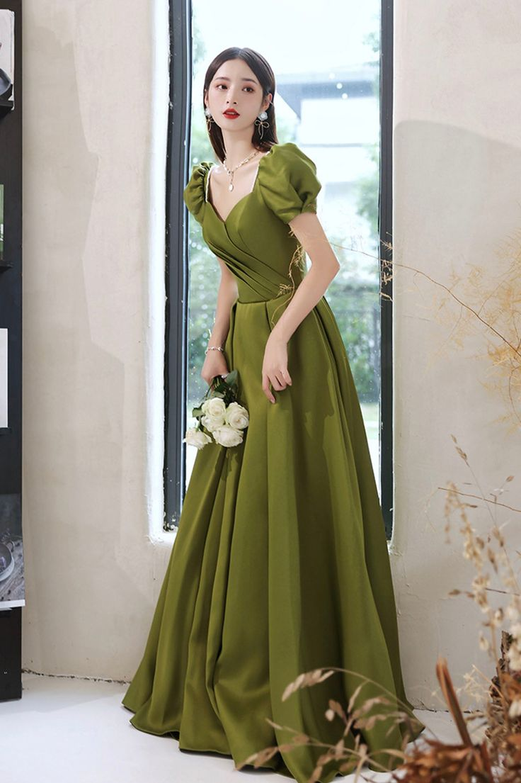 Green Satin Long Prom Dresses, A-Line Evening Dresses Y7097