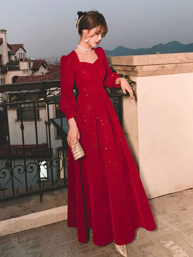 Red Glitter Modest Prom Dress Muslim Formal Evening Dress Fashion Dress Y4976