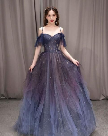 Dark Green Ombre Straps Tulle Layered Long Prom Dress,Green Formal Dress Y4473