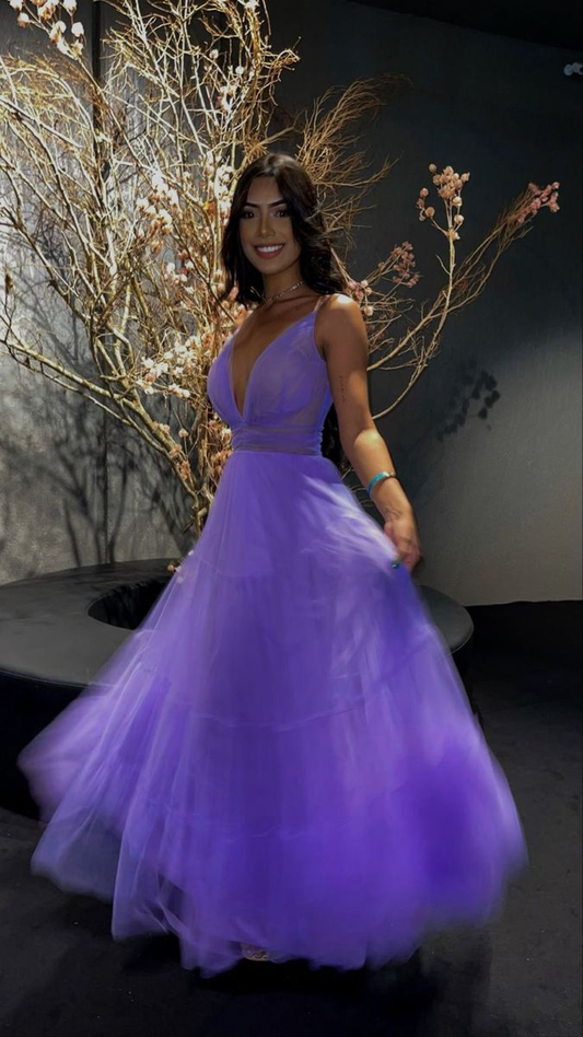 Simple A-line V Neck Purple Long Evening Dress  Y5098