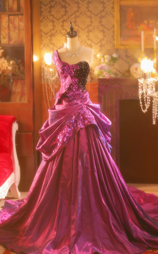 Gorgeous Hot Pink One Shoulder Satin Sequin Beaded Long Evening Dress Prom Gown SP324