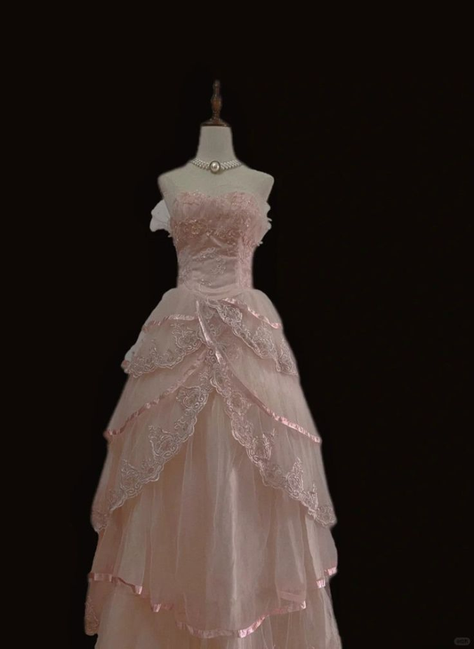 Pink Tulle With Lace Princess Party Dress, Cute Strapless Birthday Evening  Dress Y8750