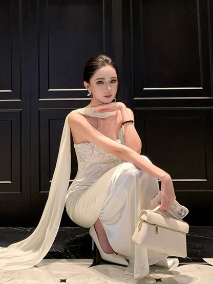 Elegant White Strapless Satin Floral Sheath Long Evening Dress Birthday Dress With Scarf SP2290