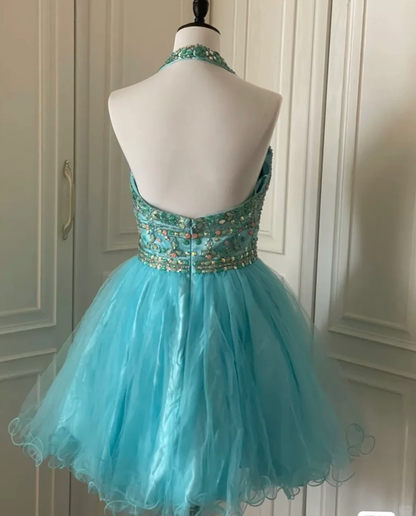 Gorgeous Halter Tulle Beaded Short Birthday Outfits Blue A Line Homecoming Dress  Y9054