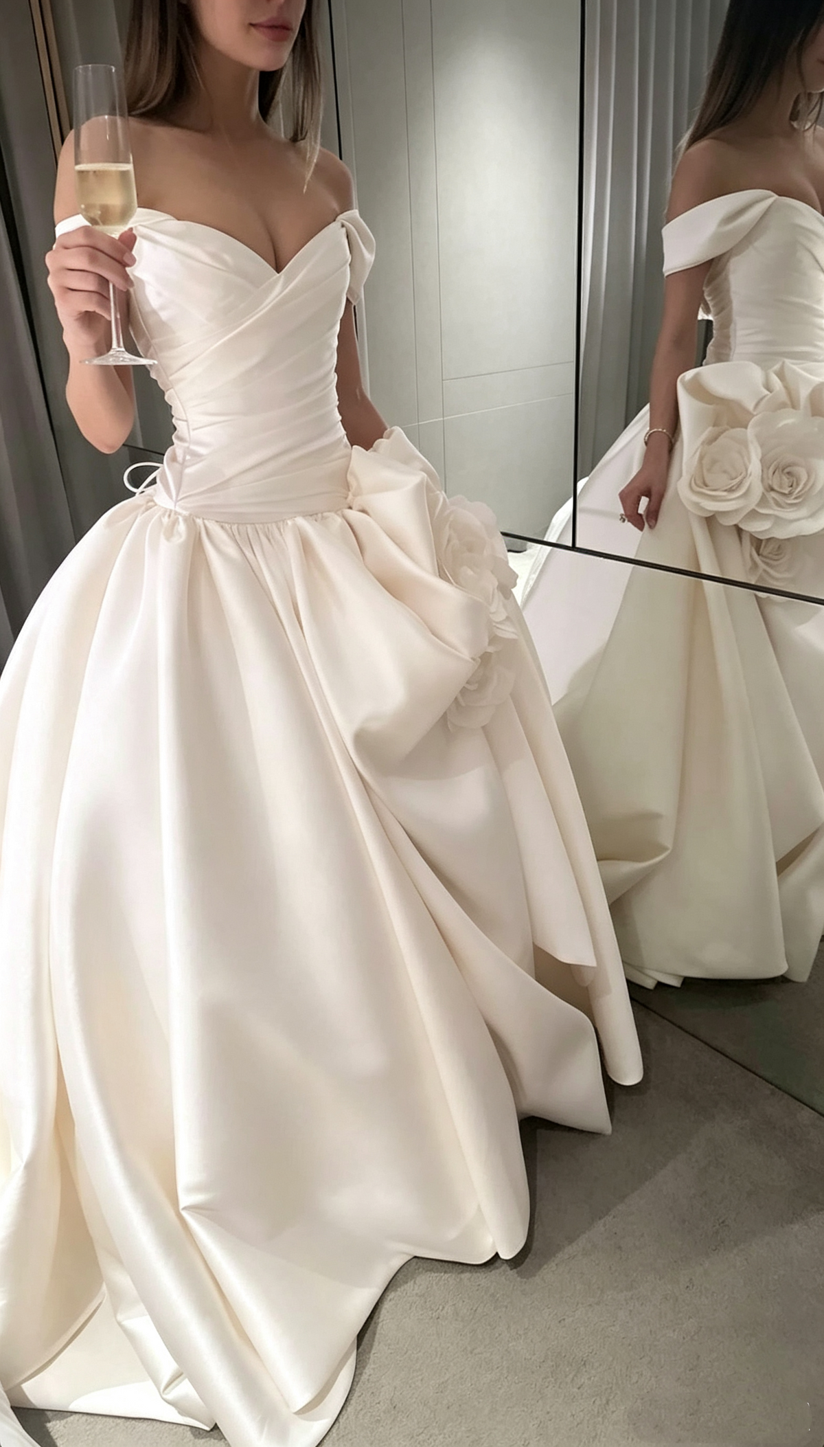 Elegant Off The Shoulder White Satin 3D Floral Long Wedding Dress Bridal Dress SP3712
