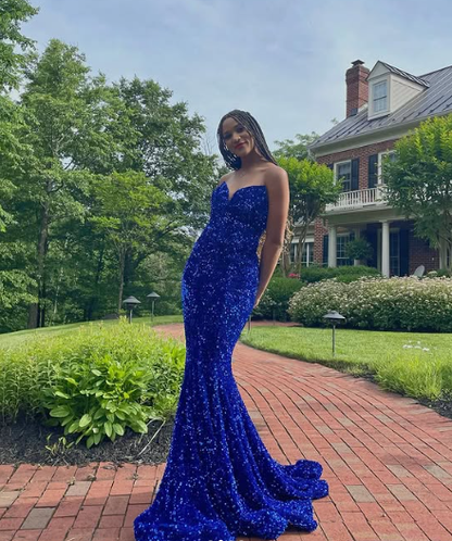 Royal Blue Mermaid Sequins Prom Dress Graduation Dress Black Girls Prom 8th Grade Prom Y495