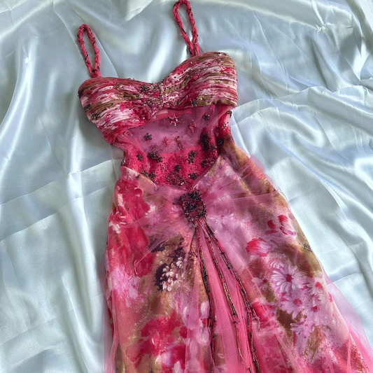 Pretty Pink Chiffon Printed Floral Beaded Mermaid Prom Dress Long Evening Dress Y9772