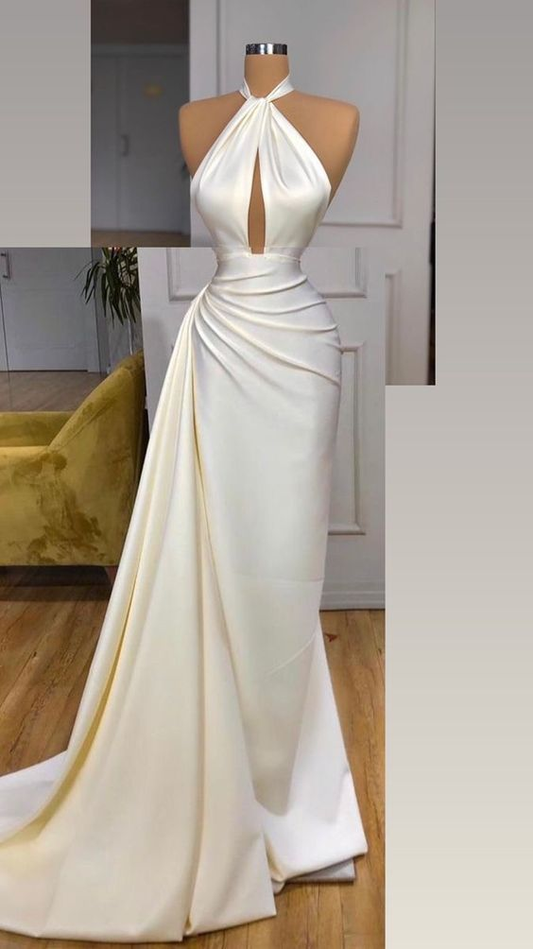 Vintage Mermaid Halter Sleeveless Ivory Long Prom Dress Y6608