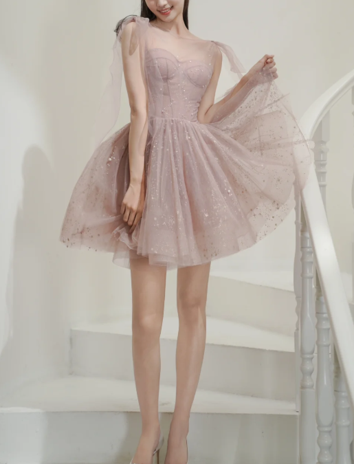 Classy Pink Tulle Sequin A Line Short Birthday Outfits   Formal 6th Grade Homecoming Dress Y9291