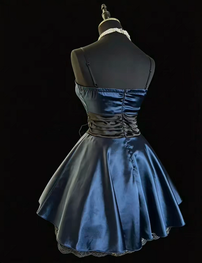 Vintage Spaghetti Straps Navy Blue Satin Lace A Line Short 6th Grade Homecoming Dress,Formal Birthday Outfits With Bow SP2770