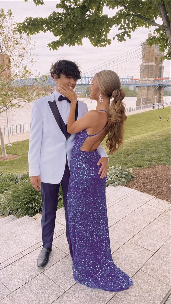 Elegant Purple Sequin Open Back Prom Dress,Purple Formal Gown  Y6847