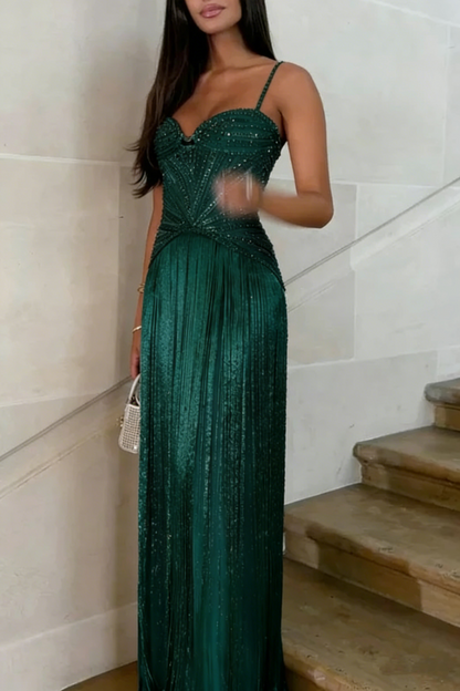 Luxurious Spaghetti Straps Sequin Beaded Gold Long Evening Dress Prom Gown With Tassel  SP792