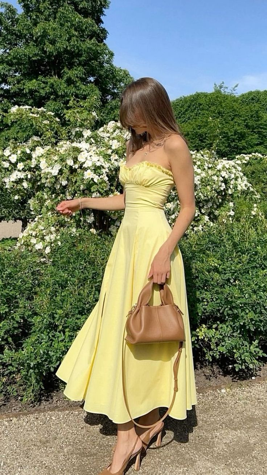 Cute Yellow Strapless A Line Evening Dress Strapless Long Prom Dress Party Dress With Slit Y7551